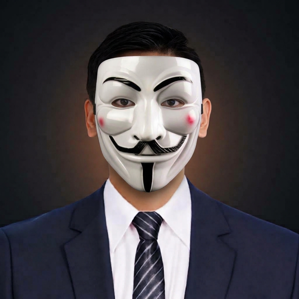 Masked hacker-style portrait of Jorenzon Miguel wearing a navy suit