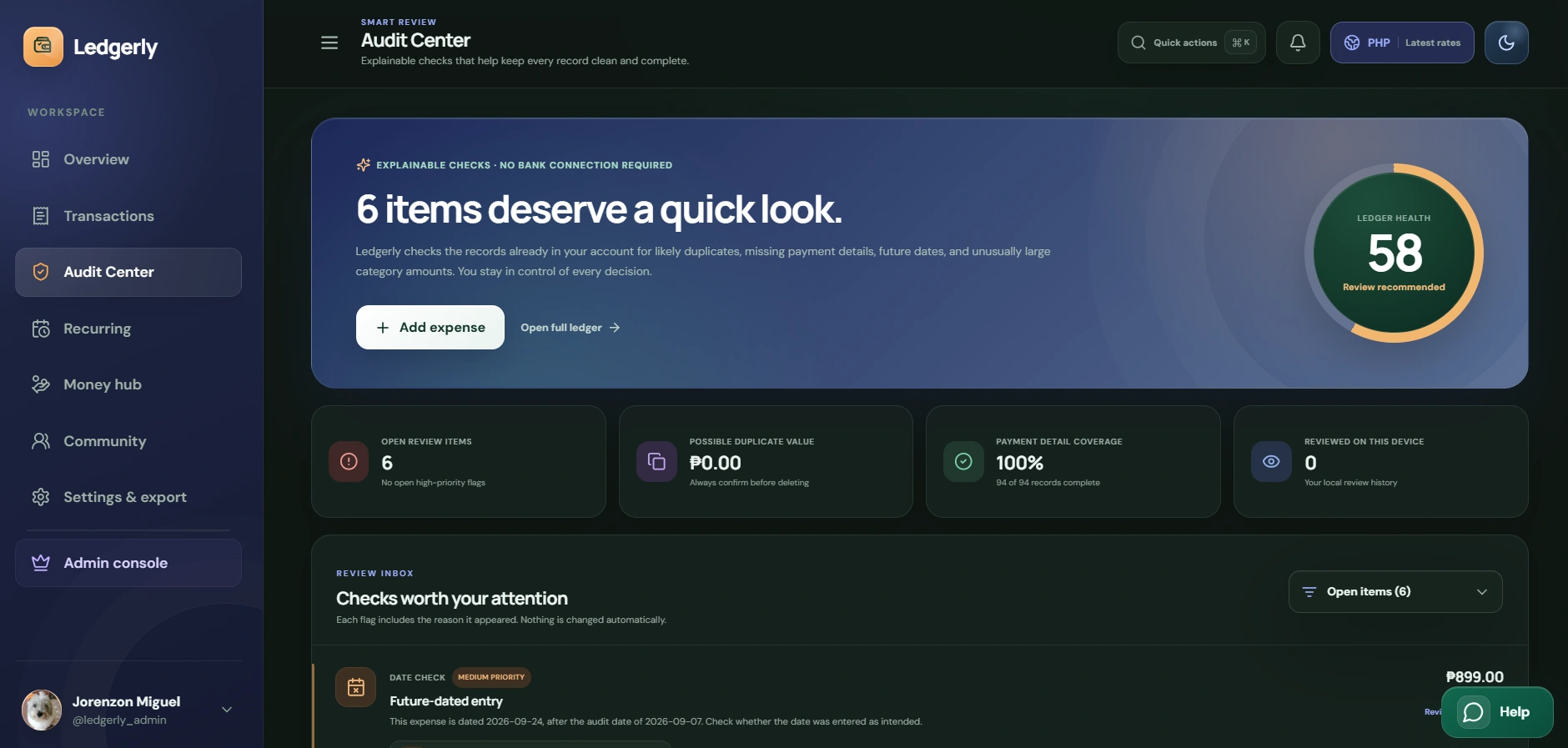 Ledgerly audit center interface