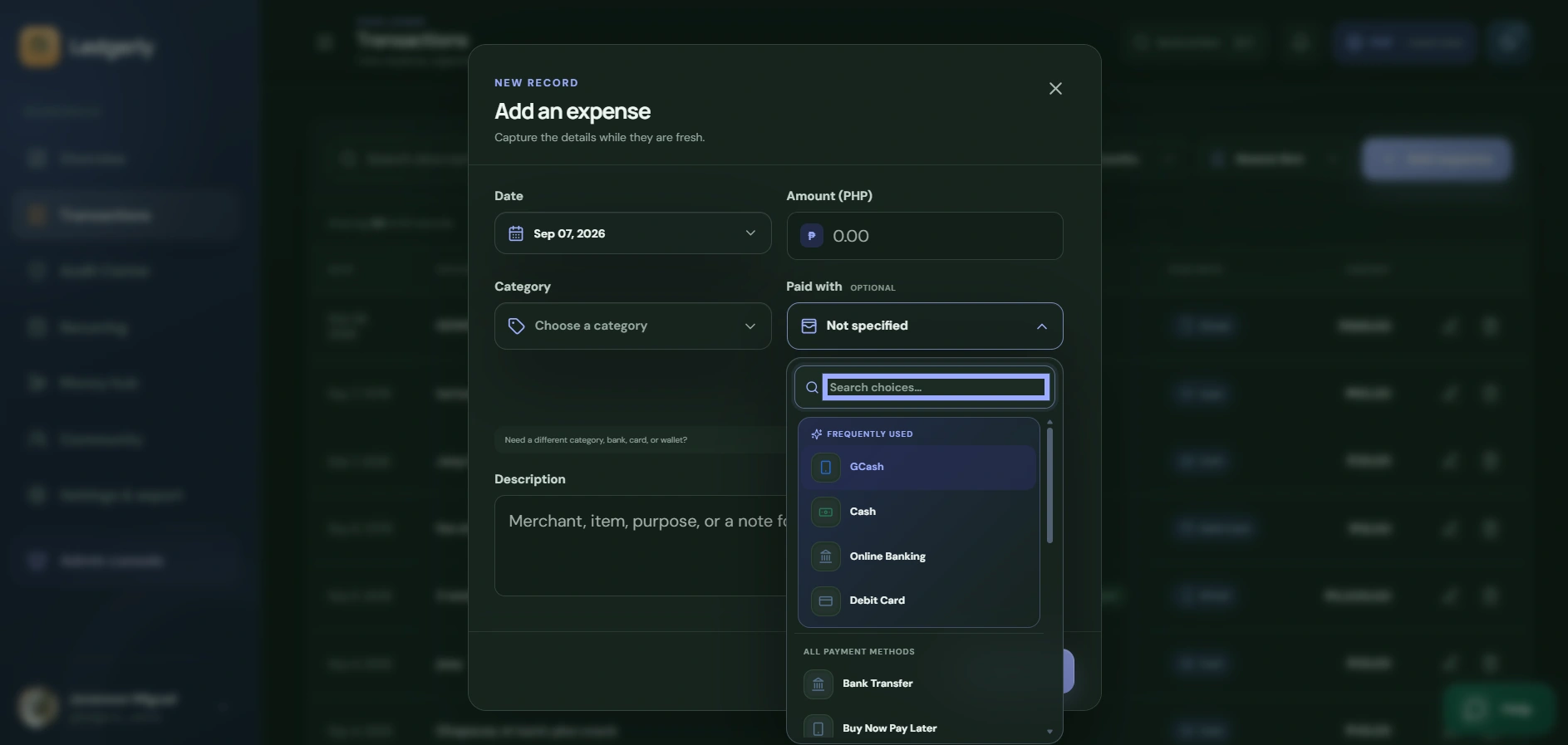 Ledgerly add an expense interface
