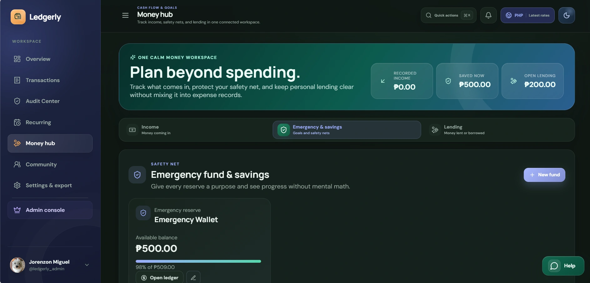 Ledgerly money hub interface