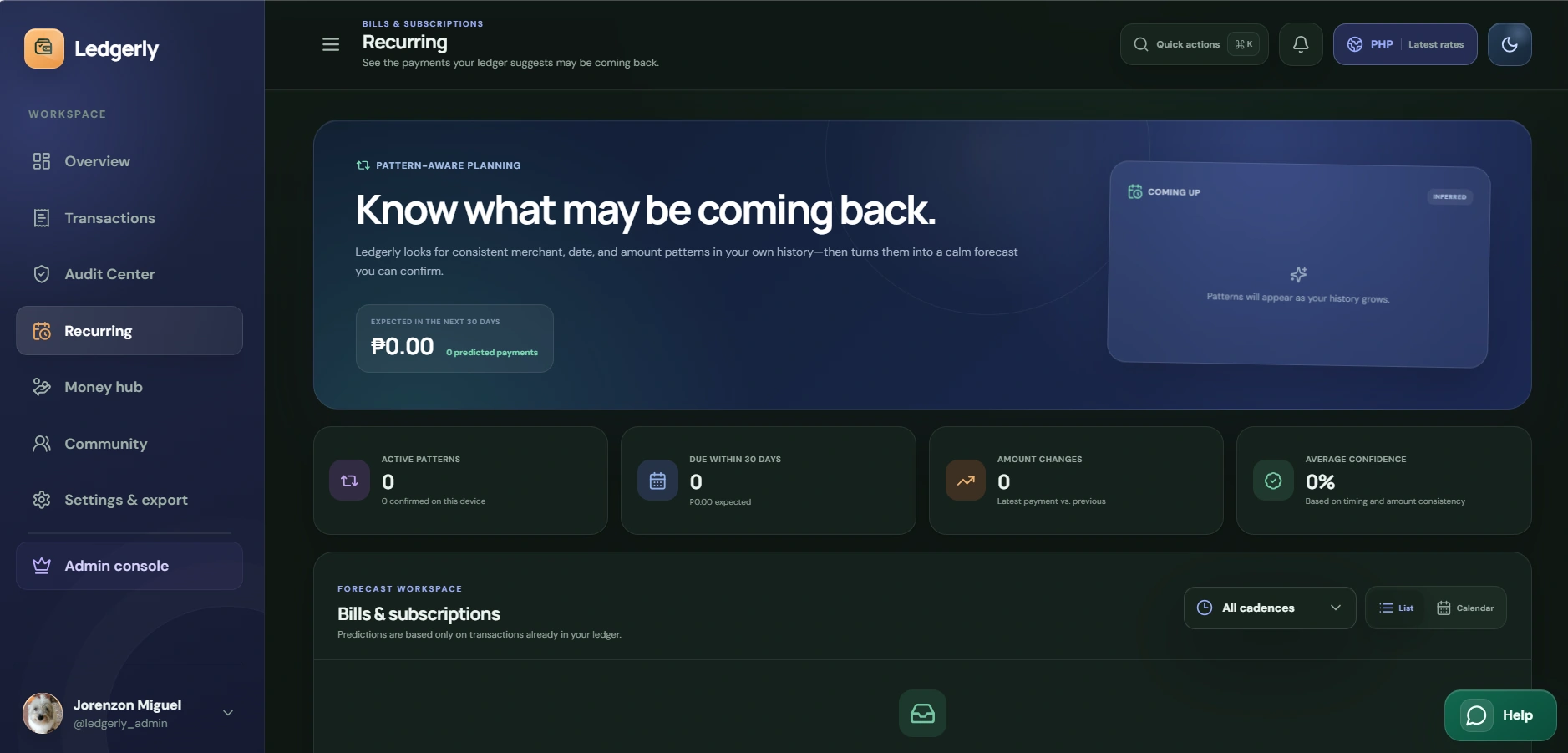 Ledgerly recurring payments interface