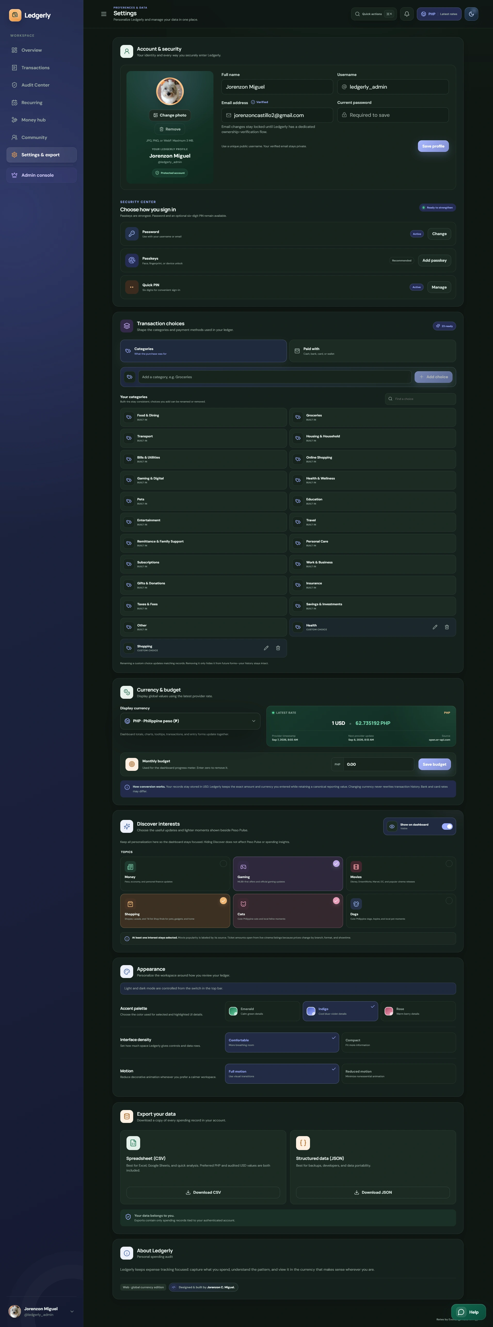Ledgerly settings and export interface