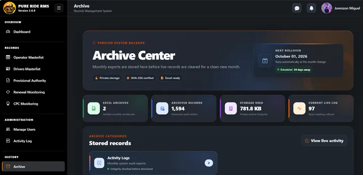 The PureRide Archive Center with stored records and archive summaries.