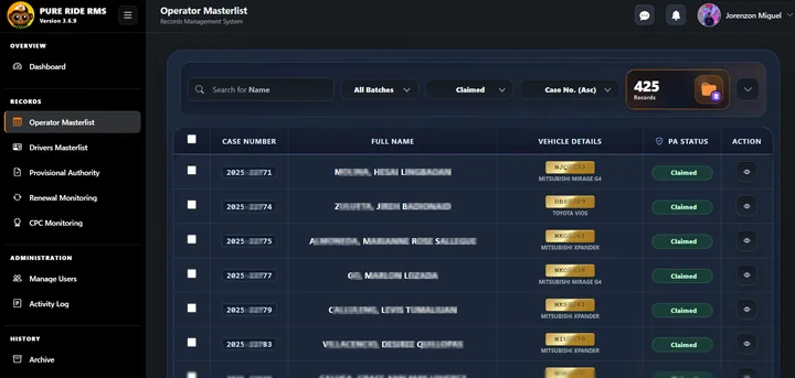 The operator records workspace with search, filters, and status labels.
